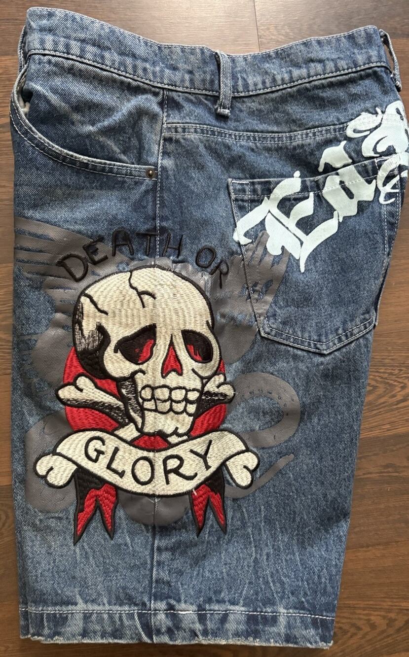 Vtg Ed Hardy Death or Glory Embroidered Denim Jorts Sz 30